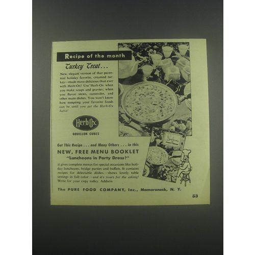 1946 Herb-Ox Bouillon Cubes Ad - Recipe of the month Turkey Treat