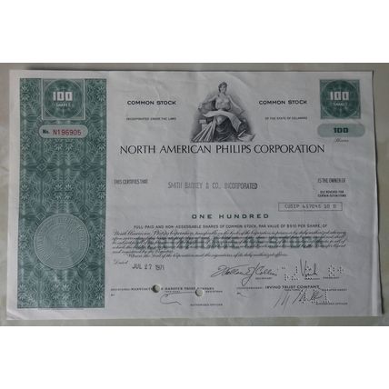 North American Philips Corporation 100 Shares 1971 Stock/Share Certificate