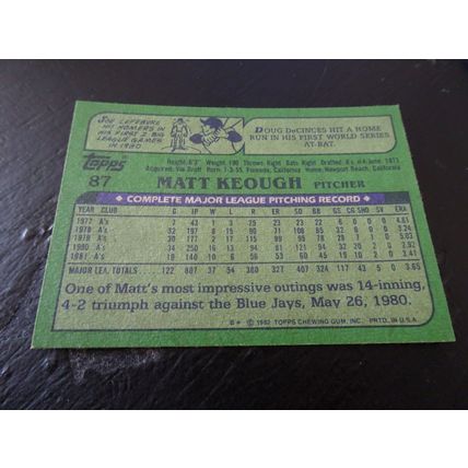 1982 Topps Card # 087A Matt Keough Excellent-Mint (6) Oakland Athletics