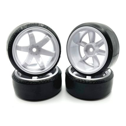 1/10 Drift Tires Mounted on White 6 Spoke Wheels (4pcs)