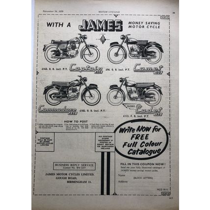 JAMES NEW MOTORCYCLES 1959 VINTAGE MOTORCYCLE ADVERT