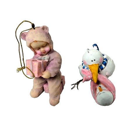 Pink Baby Girl Packages Stork w/Baby Girl Stork Christmas Ornament Lot of 2