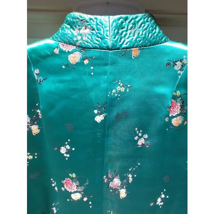 Wms Embroidered Aqua Floral Oriental Kimono Robe Gown Sm/Med Heavy Quality Flaw
