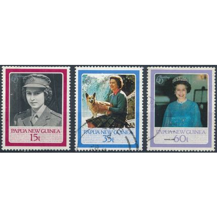60th Birthday QEII: 3 Values - Papua New Guinea 1986 - MNH & F H - SG 520/1 &523
