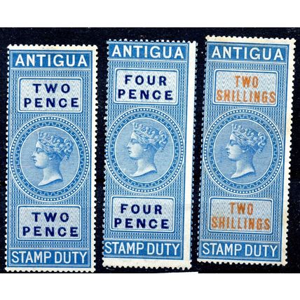 Antigua QV stamp duty stamps Barefoot 2,4,7 CC Wmk - MH