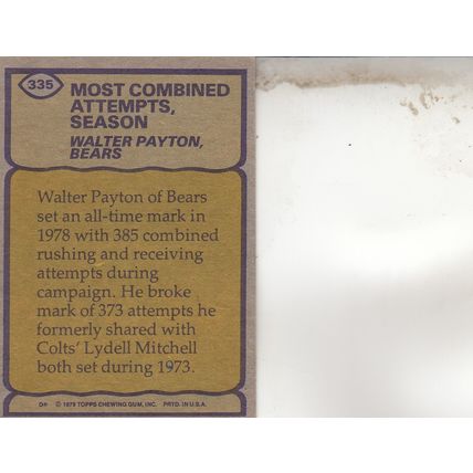 WALTER PAYTON 1979 AUTOGRAPHED RECORD BREAKER HOF SB CHAMPION RUNNING BACK CARD