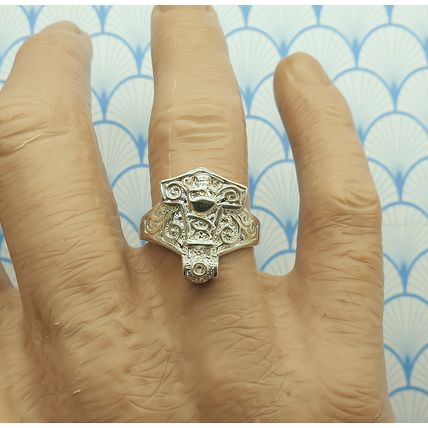 Mens Big and Chunky 925 Solid Sterling Silver Viking Themed Skull Biker Ring