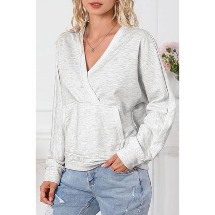 Gray Contrast Trim V Neck Wrap Sweatshirt with Pocket