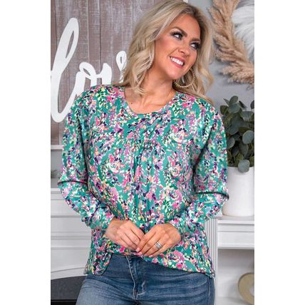 Green Floral Pleated Round Neck Long Sleeve Blouse