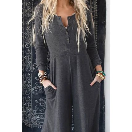 Gray Button Long Sleeve Wide Leg Jumpsuit