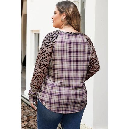 Chestnut Plus Size Leopard Raglan Sleeve Plaid Top