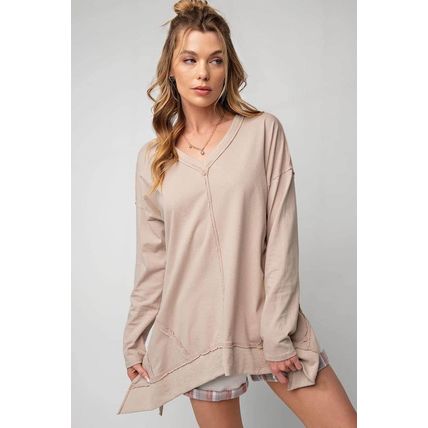 Apricot Exposed Seam V Neck Split Hem Tunic Top