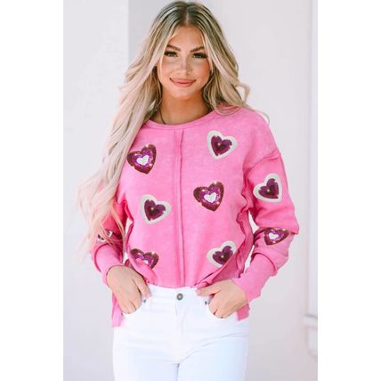 Rose Sequin Heart Shaped Exposed Seam Pullover Sweatshirt