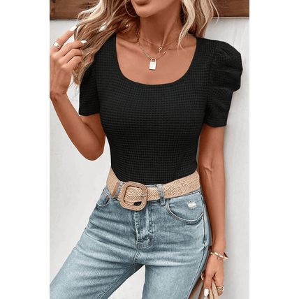 Black Waffle Knit Ruched Puff Sleeve Top