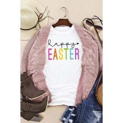 White Happy EASTER Round Neck Graphic Tee