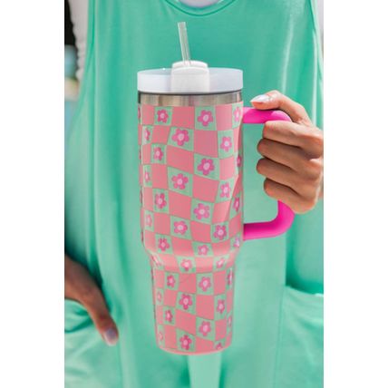 Bright Pink Flower Checkered Pattern Cup with Straw 40oz