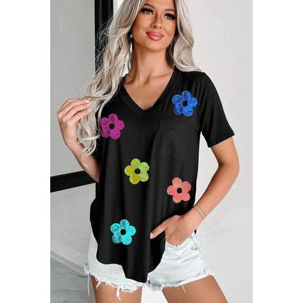 Black Sequined Flower Pocketed V Neck T Shirt