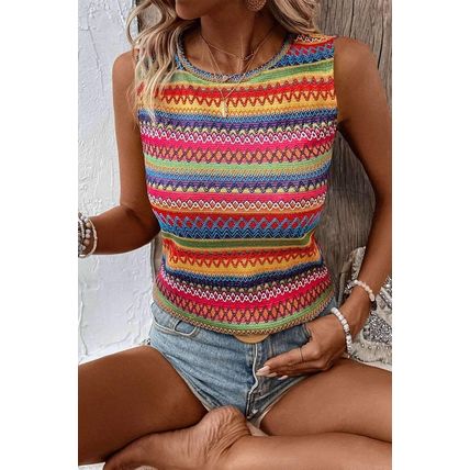 Yellow Ethnic Wavy Pattern Round Neck Sleeveless Top