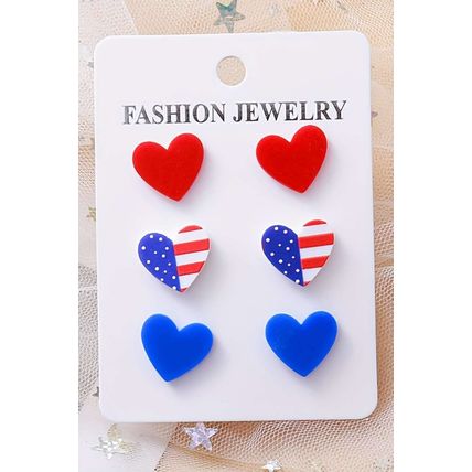 Fiery Red American Flag Print Heart Shape Stud Earrings Set