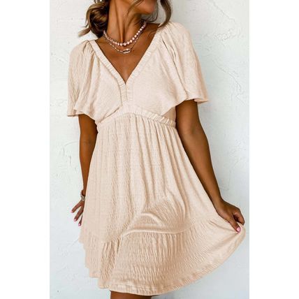 Beige Textured Deep V Neck Cutout Back Mini Dress