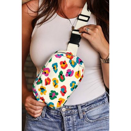 Beige Colorful Leopard Print Buckle Strap Crossbody Bag