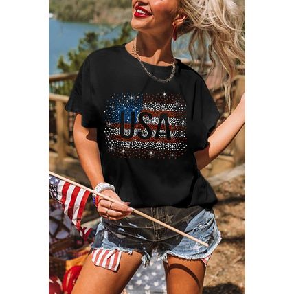 Black Rhinestone America Flag USA Graphic T Shirt