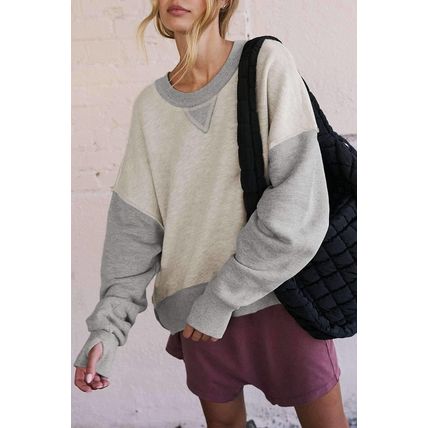 Light Grey Color Block Thumbhole Sleeve Drop Shoulder Sweatshirt
