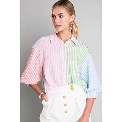 Pink Stripe Color Block Balloon Sleeve Buttoned Loose Fit Shirt