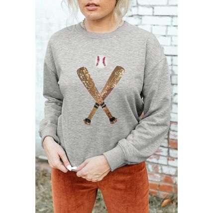 Gray Sequin Baseball Graphic Crewneck Game Day Sweatshirt