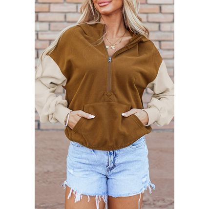 Chestnut Color Block Half Zip Kangaroo Pocketed Hoodie