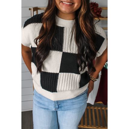 Black Checkered Color Block Crew Neck Short Sleeve Sweater