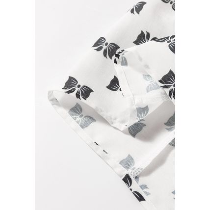 White Bow Knot Print Piping Trim Ruffled Crew Neck Blouse