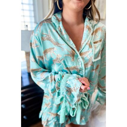 Green Leopard Satin Ruffle Pajama Short Set