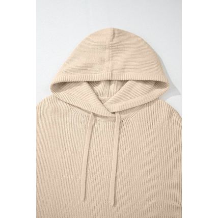 Beige Solid Color Drawstring Hooded Drop Shoulder Pullover Sweater