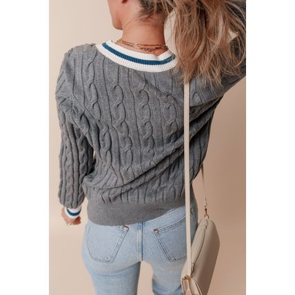 Medium Grey Color Contrast Ribbed Edge Cable Knit V Neck Sweater