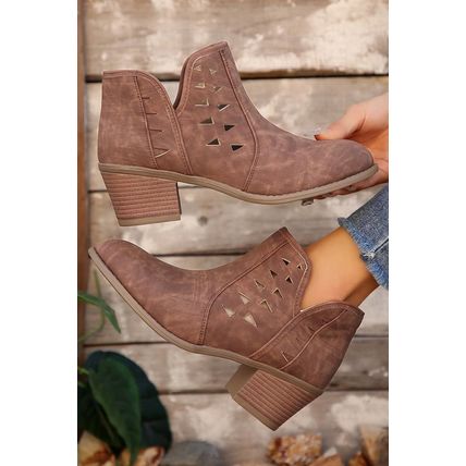 Red Sandalwood Cut Out Suede Pointed Toe Heeled Ankle Boots