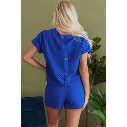 Sky Blue Jacquard Textured Buttoned Tee and Shorts Set