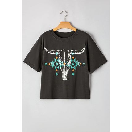 Carbon Grey Vintage Western Bull Head Skull Turquoise Aztec Graphic T Shirt