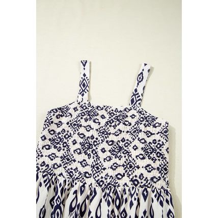 Blue Boho Geometric Print Shirred High Waist Wide Leg Jumpsuit