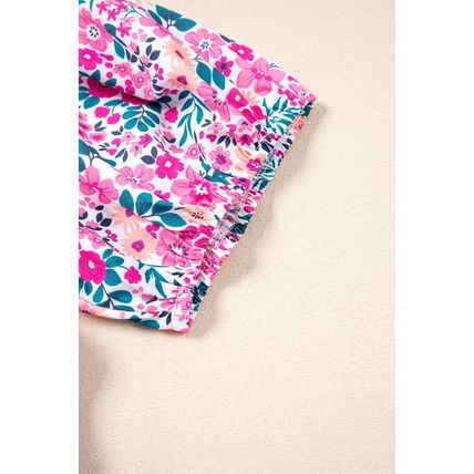 Pink Plus Size Floral Half Button Short Puff Sleeve A-line Dress