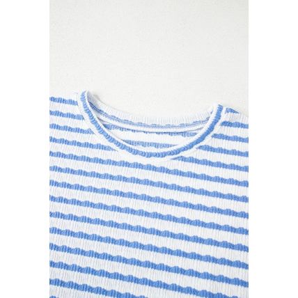 Sky Blue Stripe Knitted Short Sleeve Top and Drawstring Shorts Set