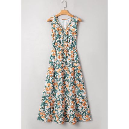 Green Floral Print Trimmed V Neck Tie Waist Sleeveless Holiday Long Dress