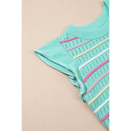 Green Colorful Striped Eyelet Knit Ruffled Sleeve Sweater T Shirt