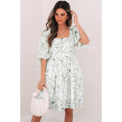 Beige Floral Print Square Neck Shirred Back Puff Sleeve Mini Dress