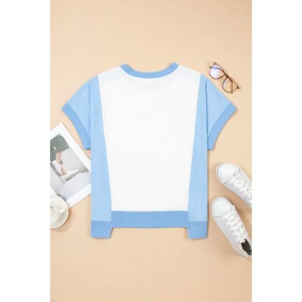 Sky Blue Patriotic Star Patched Colorblock T Shirt