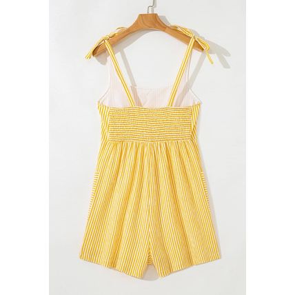 Yellow Stripe Shoulder Tie Smocked Back Wide Leg Casual Romper