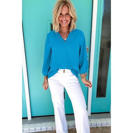 Sky Blue Frilled V Neckline Bracelet Sleeve Crinkled Blouse