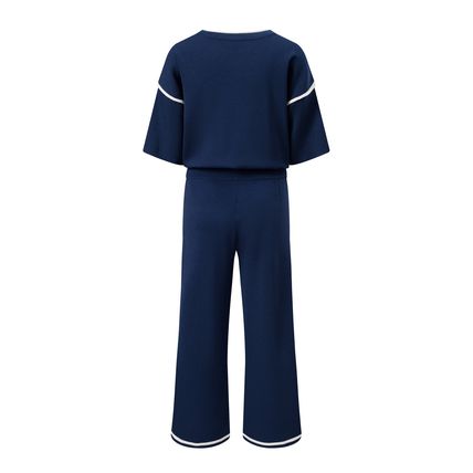 Navy Blue Contrast Trim Half Sleeve Top Drawstring Pants Loose 2pcs Sweater Suit