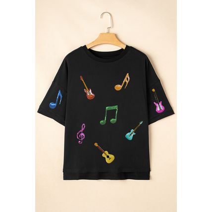 Black Guitar Music Notes Patched Graphic Oversize Tee
