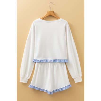 White Plaid Ruffled Patchwork Drop Shoulder Pullover and Drawstring Elastic Wais